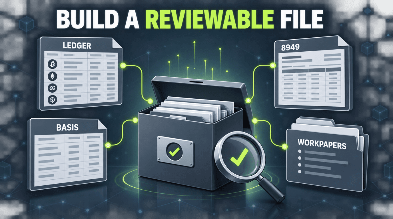 Reviewable crypto tax file containing a ledger, basis support, Form 8949, and workpapers