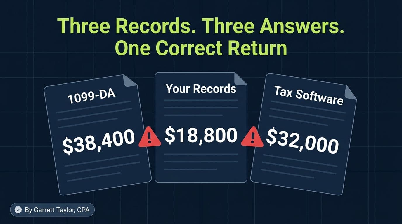 Hero image showing a 1099-DA, personal records, and tax software output displaying three different gain numbers