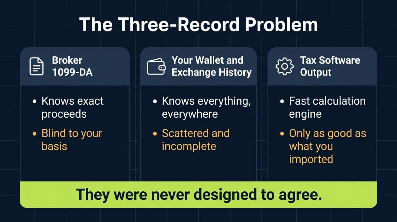 Three-column diagram comparing what the broker 1099-DA, personal records, and tax software each know and miss