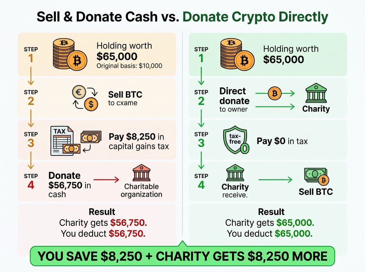 Comparison showing how donating appreciated Bitcoin directly to charity saves $8,250 in taxes vs selling first and donating cash