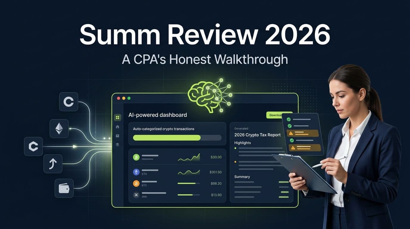 Summ Review 2026 hero image showing an AI-powered crypto tax dashboard with auto-categorized transactions and CPA review