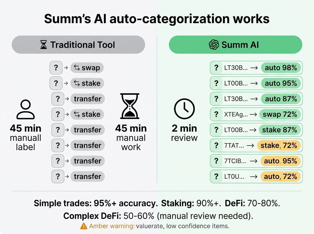 Comparison of manual transaction categorization versus Summ AI auto-categorization showing time savings and accuracy rates by transaction type