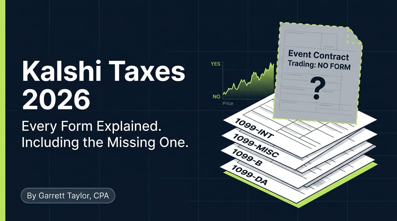 Kalshi taxes 2026 hero image showing the four narrow 1099 forms Kalshi issues and the missing form for event contract trading