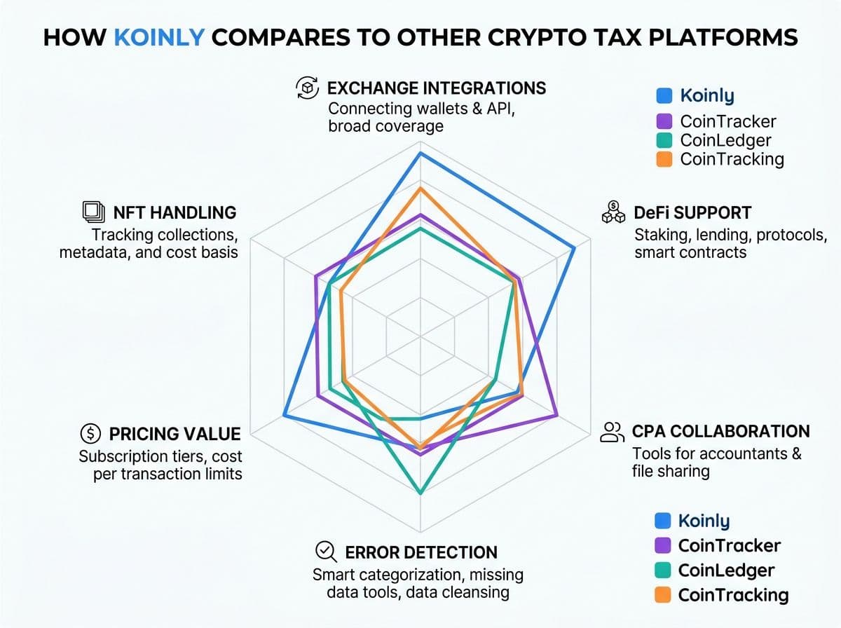 Radar chart comparing Koinly, CoinTracker, CoinLedger, and CoinTracking across exchange integrations, DeFi support, CPA collaboration, error detection, pricing, and NFT handling
