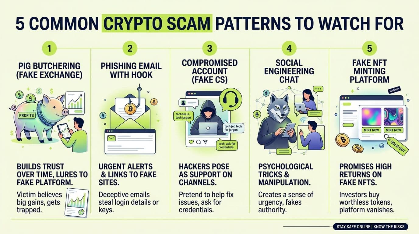Infographic of five crypto scam types: pig butchering, phishing, compromised account, social engineering, fake NFT minting