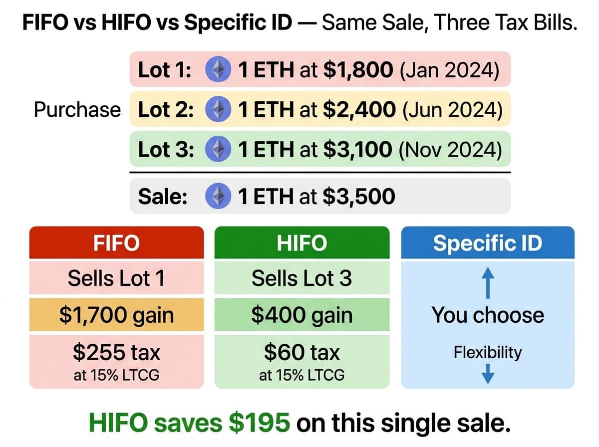 Worked example showing FIFO vs HIFO vs Specific Identification cost basis methods on three ETH purchase lots, with tax impact calculations