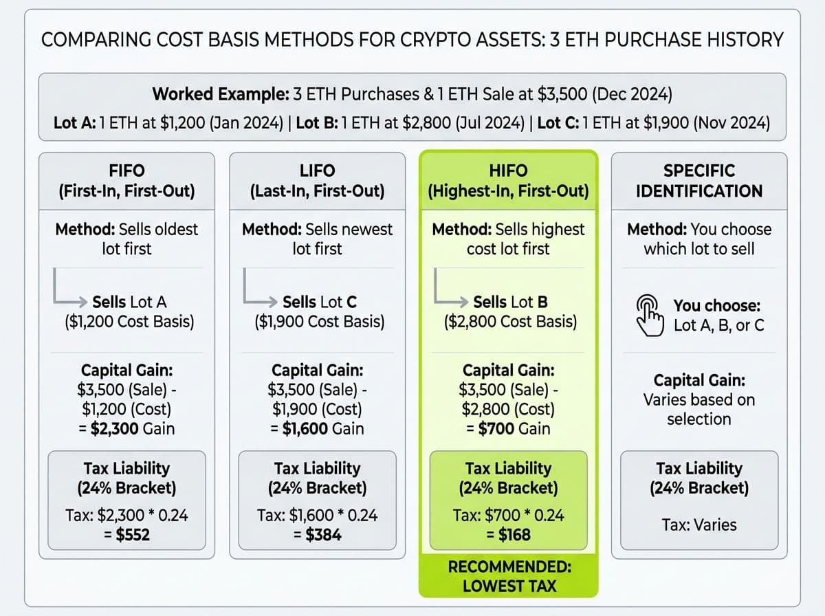 Comparison of FIFO vs LIFO vs HIFO vs Specific Identification cost basis methods showing different capital gains and tax amounts on the same ETH sale