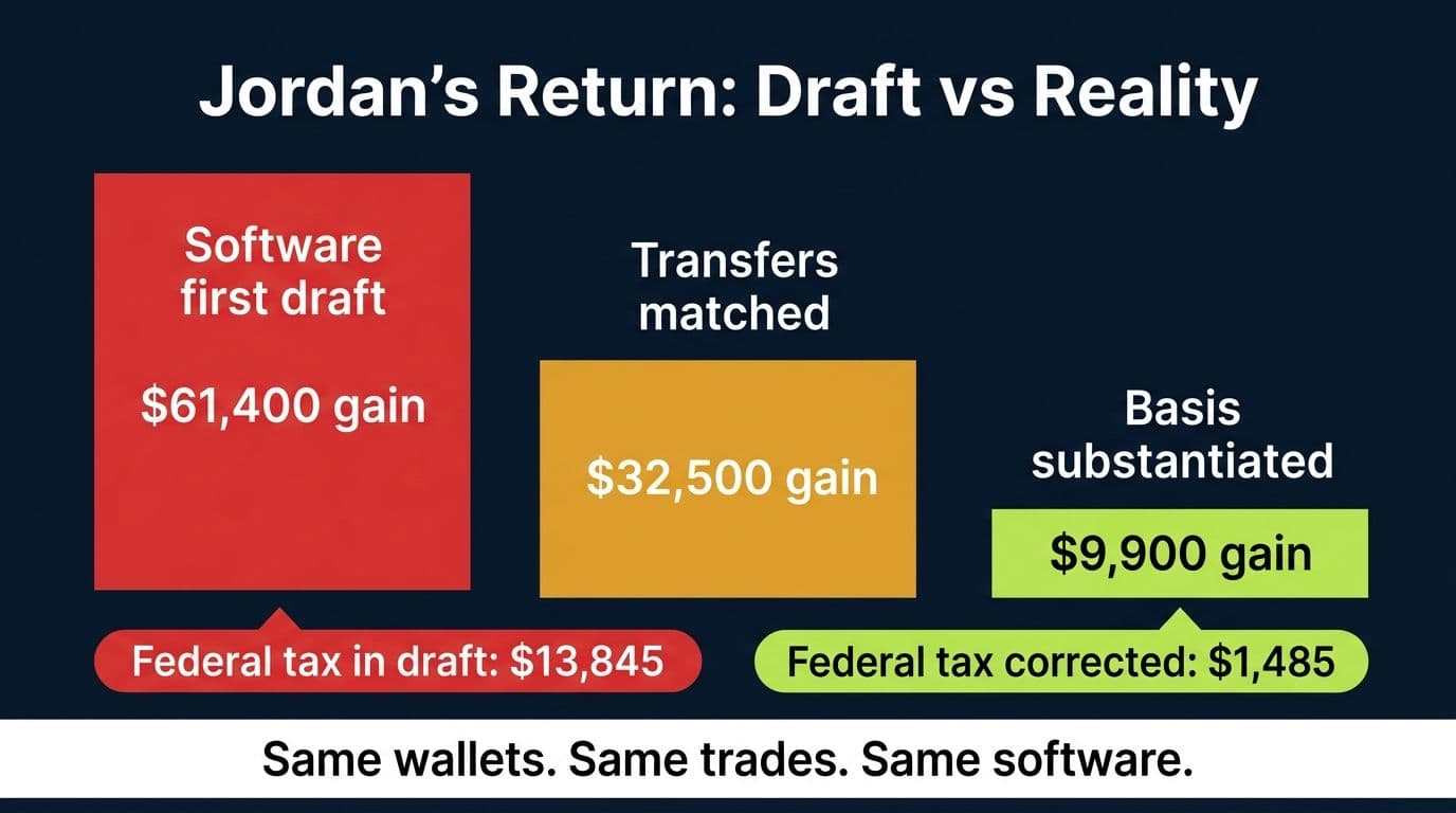 Waterfall chart showing Jordan's capital gain falling from a $61,400 software draft to $9,900 after reconciliation