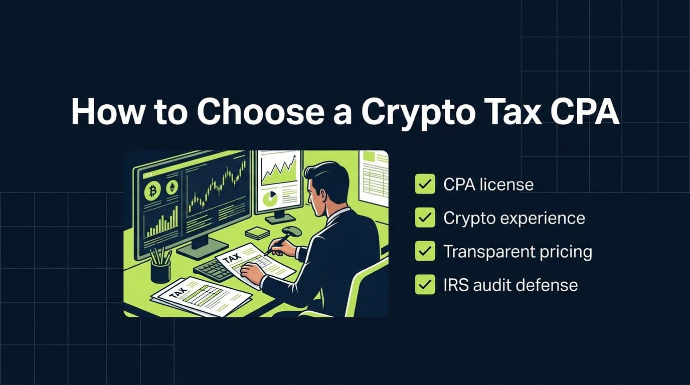 How to Choose a Crypto Tax CPA hero image showing a magnifying glass examining CPA credentials with crypto tax elements