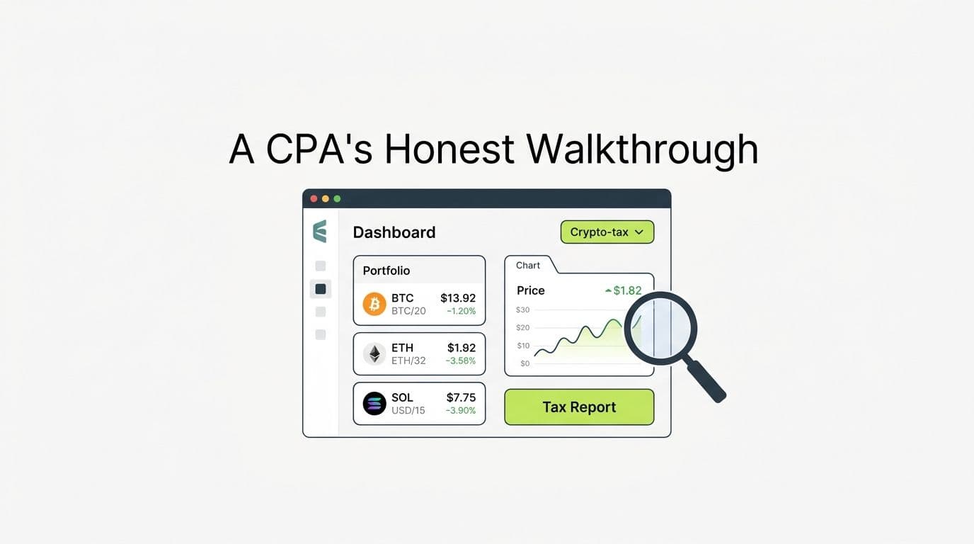 CoinTracker Review 2026 hero image showing a CPA reviewing a crypto tax software dashboard with connected exchanges and transaction summary