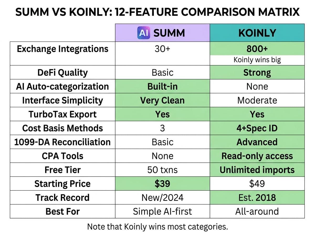 Detailed comparison chart of Summ vs Koinly across 12 features showing Koinly winning most categories but Summ excelling in AI and simplicity