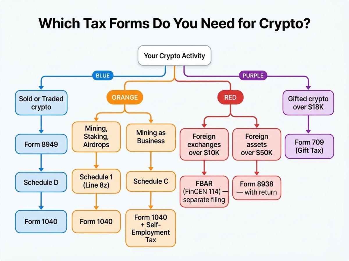 Flowchart showing which tax forms to use for crypto: Form 8949 and Schedule D for trades, Schedule C for mining business, FBAR for foreign exchanges