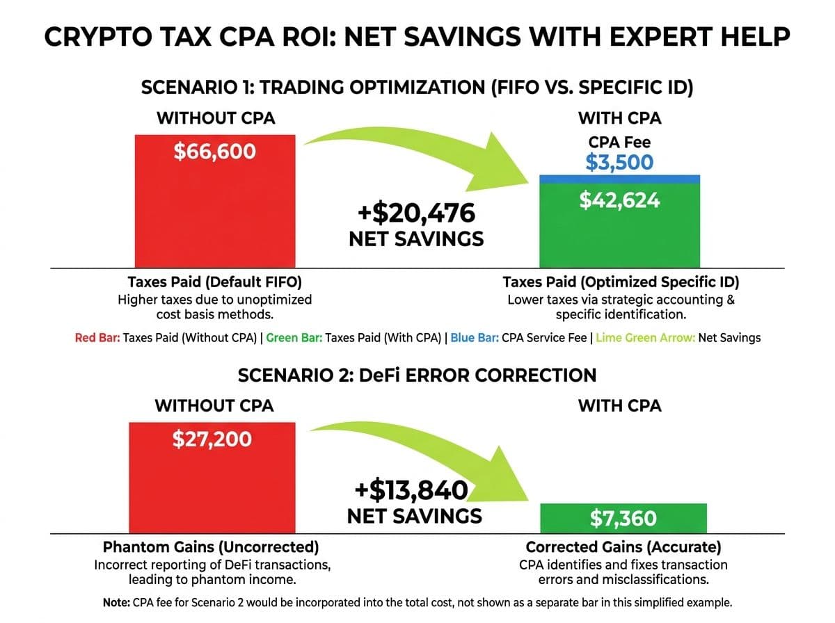 Bar chart showing crypto tax CPA ROI: $66,600 tax bill without CPA vs $42,624 with CPA, netting $20,476 in savings after the $3,500 CPA fee