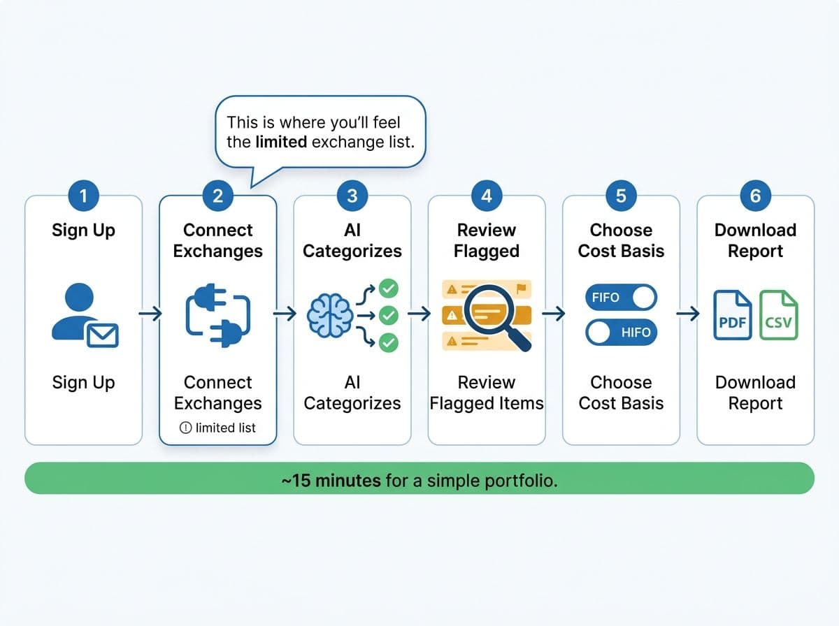 Six-step onboarding workflow for Summ showing signup through report download with estimated 15-minute completion time