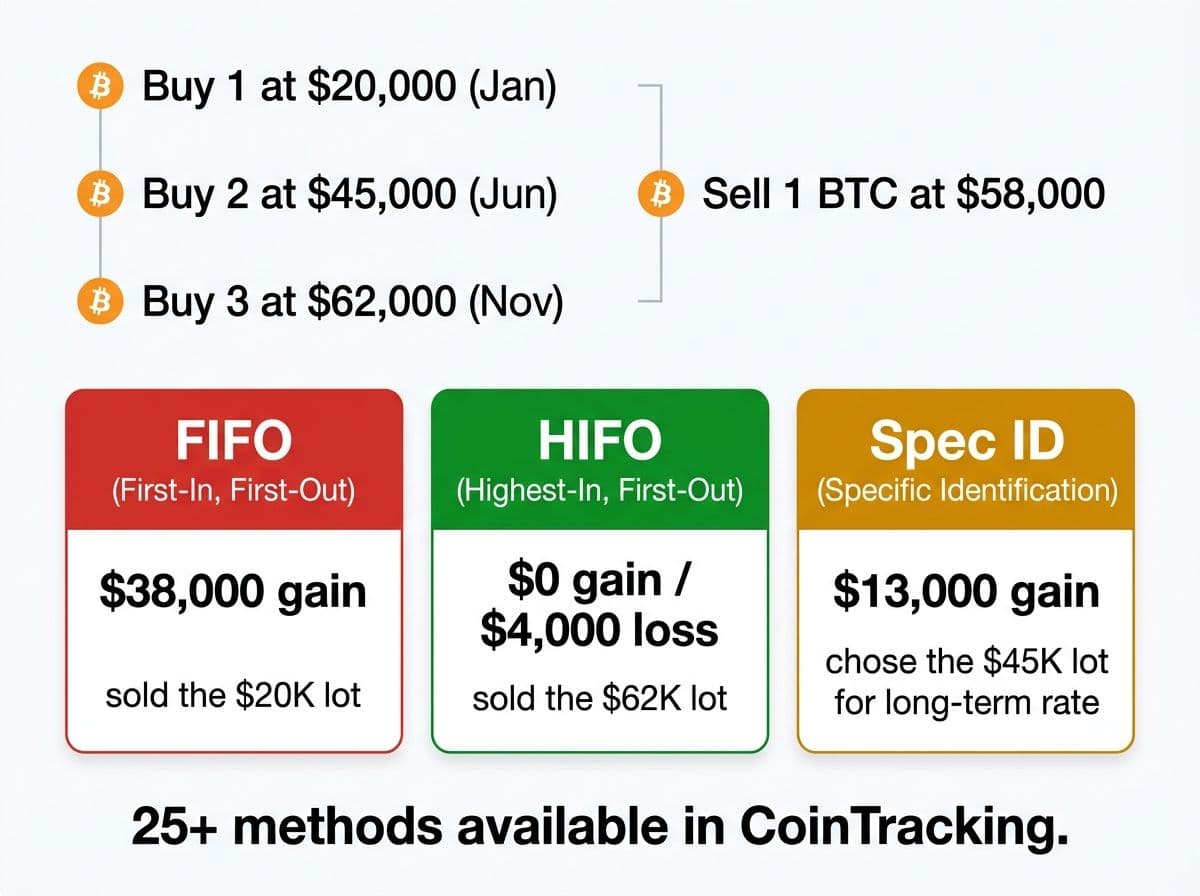 Diagram comparing FIFO, HIFO, and Specific ID cost basis methods using the same BTC portfolio, showing how each produces a different tax outcome