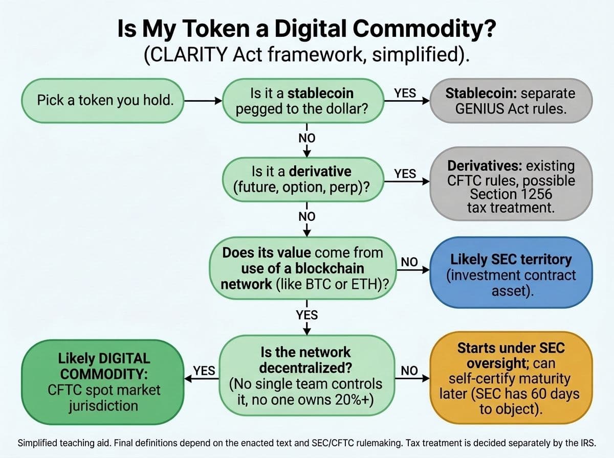Decision tree walking through whether a token would count as a digital commodity under the CLARITY Act