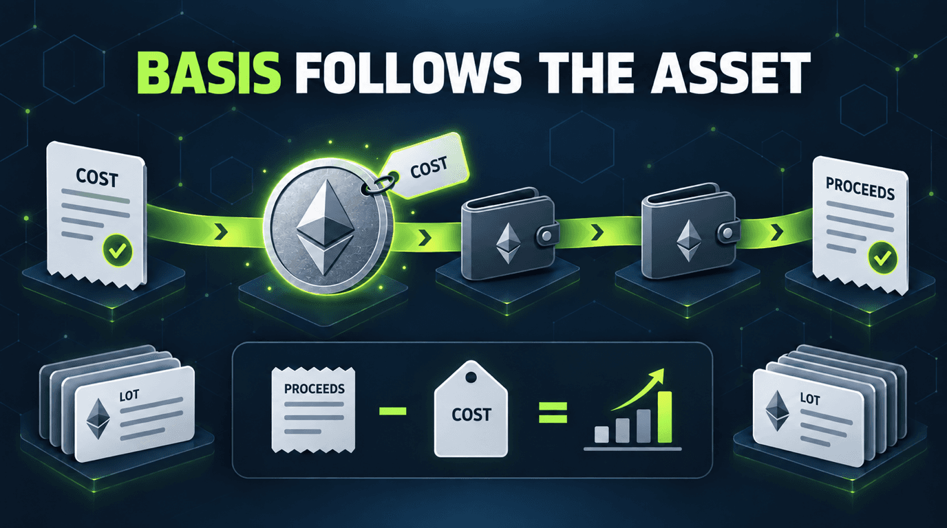 Cost basis attached to a crypto asset through wallets until proceeds are calculated