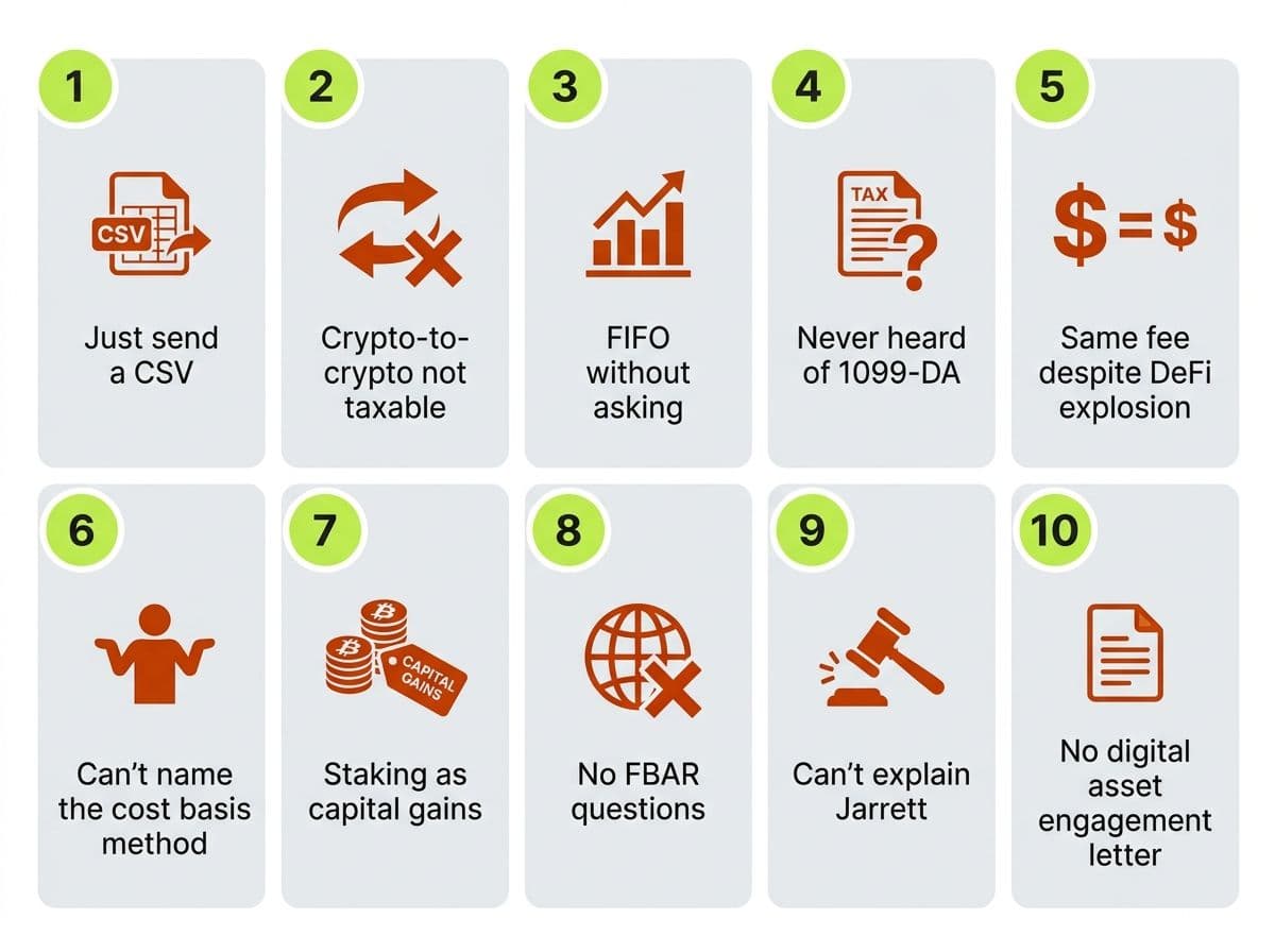 Grid of 10 red flags for crypto tax preparers: CSV-only requests, crypto-to-crypto confusion, FIFO defaults, 1099-DA ignorance, flat fees, unknown cost basis, staking misclassification, no FBAR, Jarrett ignorance, no engagement letter