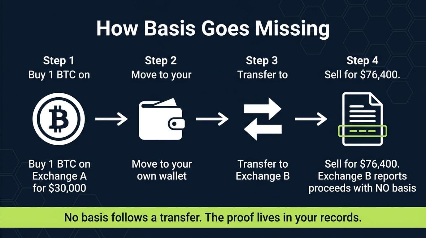 Flow diagram showing crypto bought on one exchange, moved through a wallet, and sold on another exchange with no cost basis reported