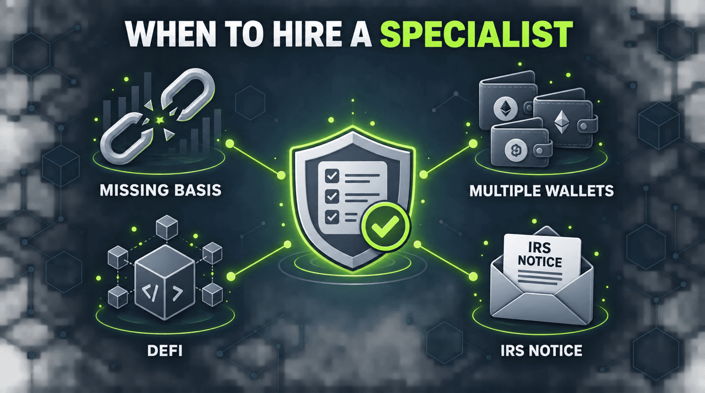 Signals to hire a crypto tax specialist: missing basis, multiple wallets, DeFi, or an IRS notice