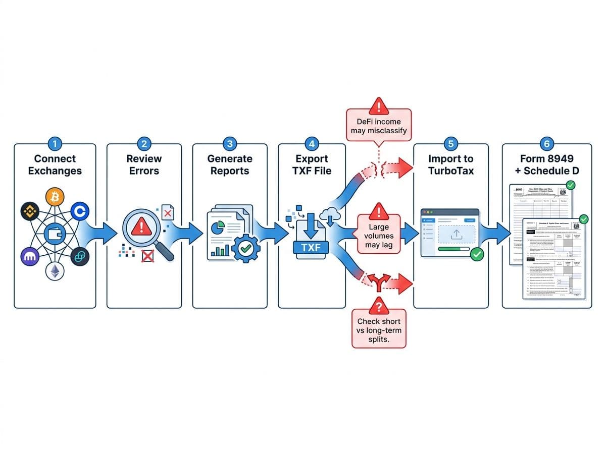 Workflow diagram showing CoinLedger to TurboTax export process with breakpoints where errors commonly occur