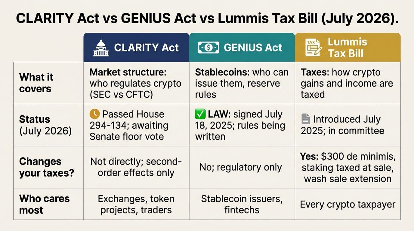 Comparison of the CLARITY Act, GENIUS Act, and Lummis crypto tax bill covering scope, status as of July 2026, and tax impact