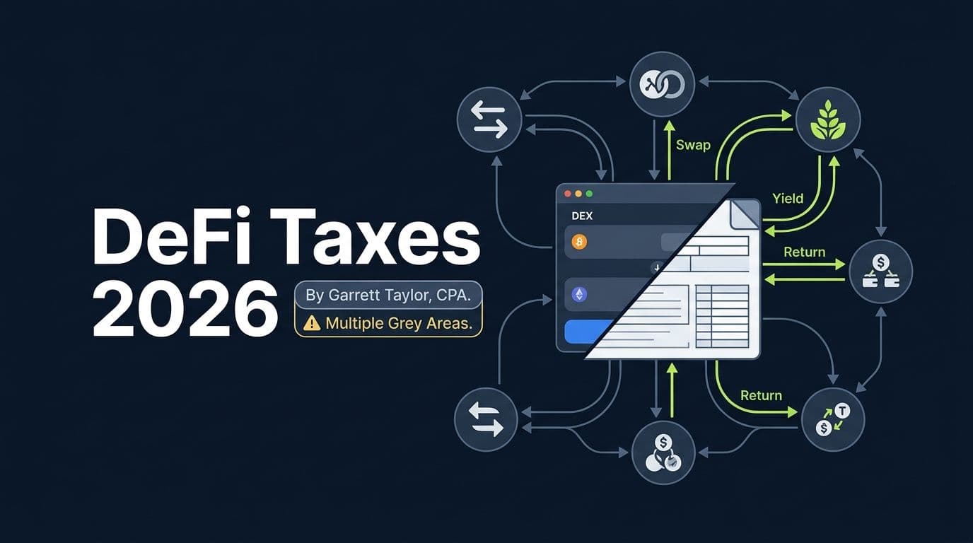 DeFi taxes explained for 2026 - hero image showing DeFi protocol elements merged with tax reporting
