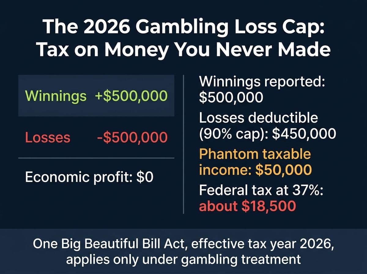 Worked example of the OBBBA 90 percent gambling loss cap creating $50,000 of phantom income and $18,500 of tax on a break-even year
