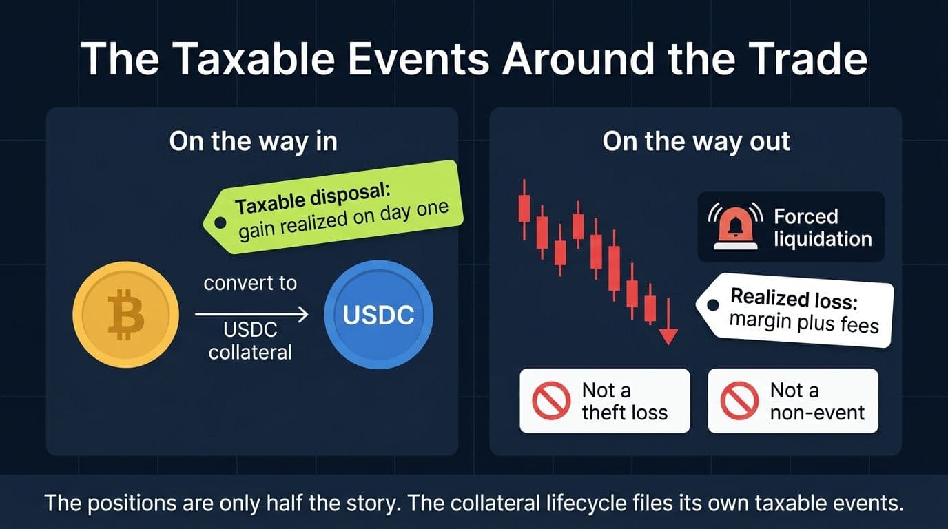 Infographic showing that converting crypto to collateral is a taxable disposal and a liquidation is a realized loss