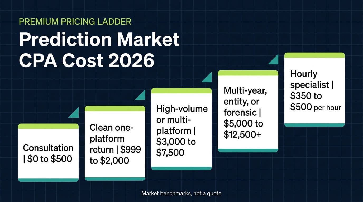 2026 prediction market CPA pricing ladder from a 0 to 500 dollar consultation through clean, complex, and forensic engagements
