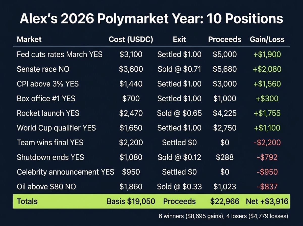 Trade log table of a sample Polymarket trader with 10 positions showing $19,050 basis, $22,966 proceeds and $3,916 net gain