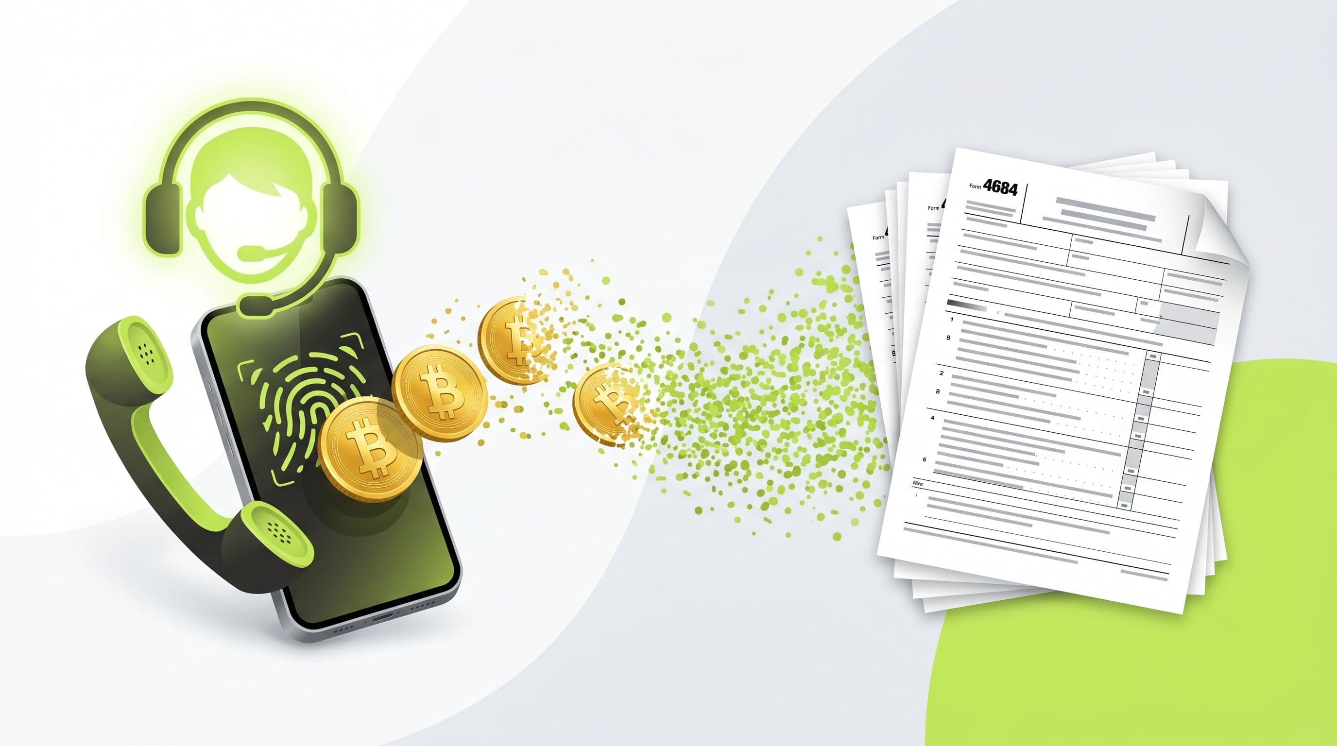 Editorial illustration: a fake support headset and spoofed phone luring golden Bitcoin coins out of a smartphone, the coins dissolving into lime-green particles that flow into IRS Form 4684, symbolizing a fake crypto customer service scam loss recovered as a §165(c)(2) deduction