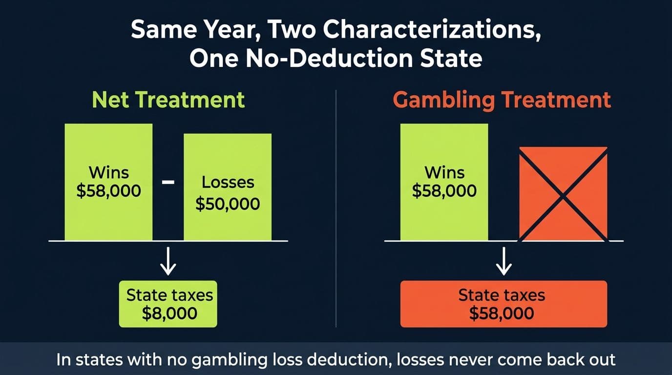Comparison of net treatment versus gambling treatment for state taxes: the state taxes 8,000 dollars of net profit or the full 58,000 dollars of gross winnings