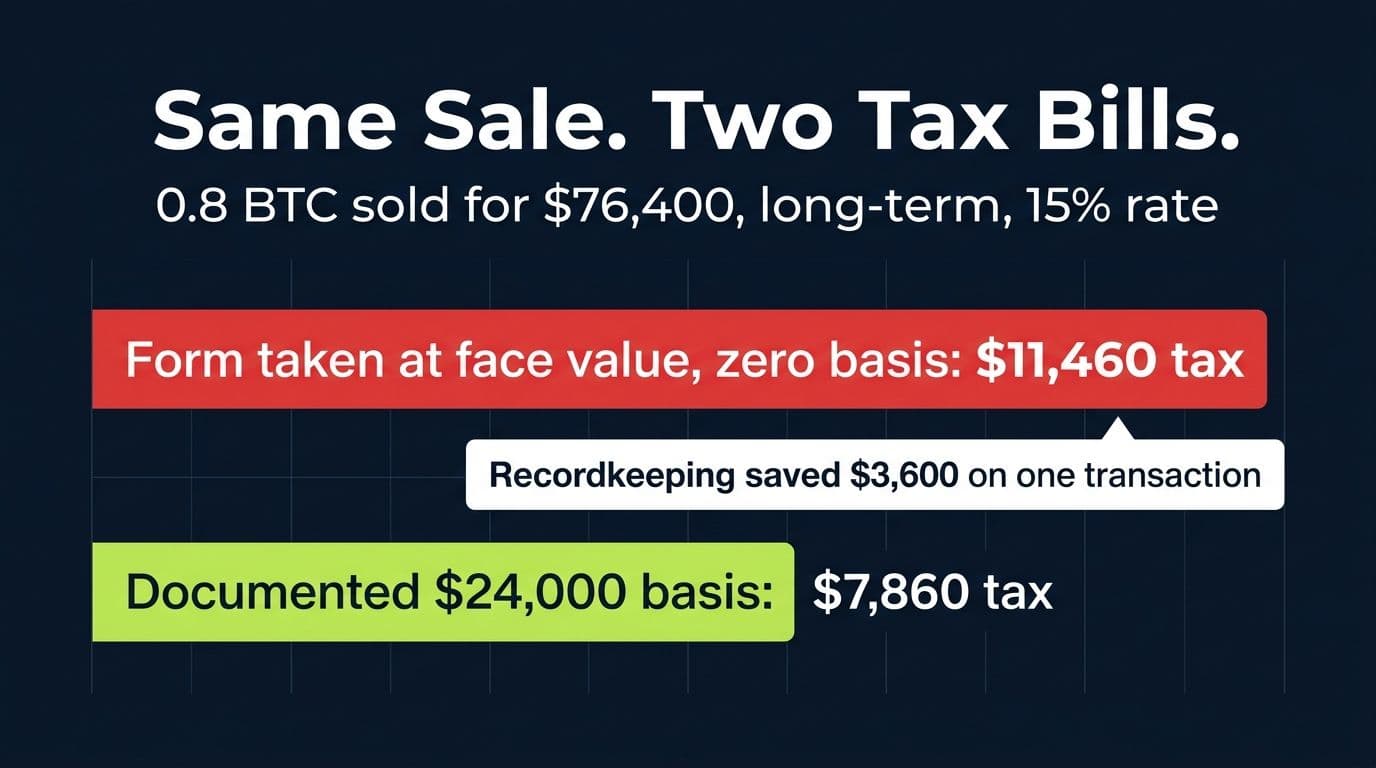 Bar chart comparing $11,460 of tax with zero basis against $7,860 with documented basis on the same bitcoin sale