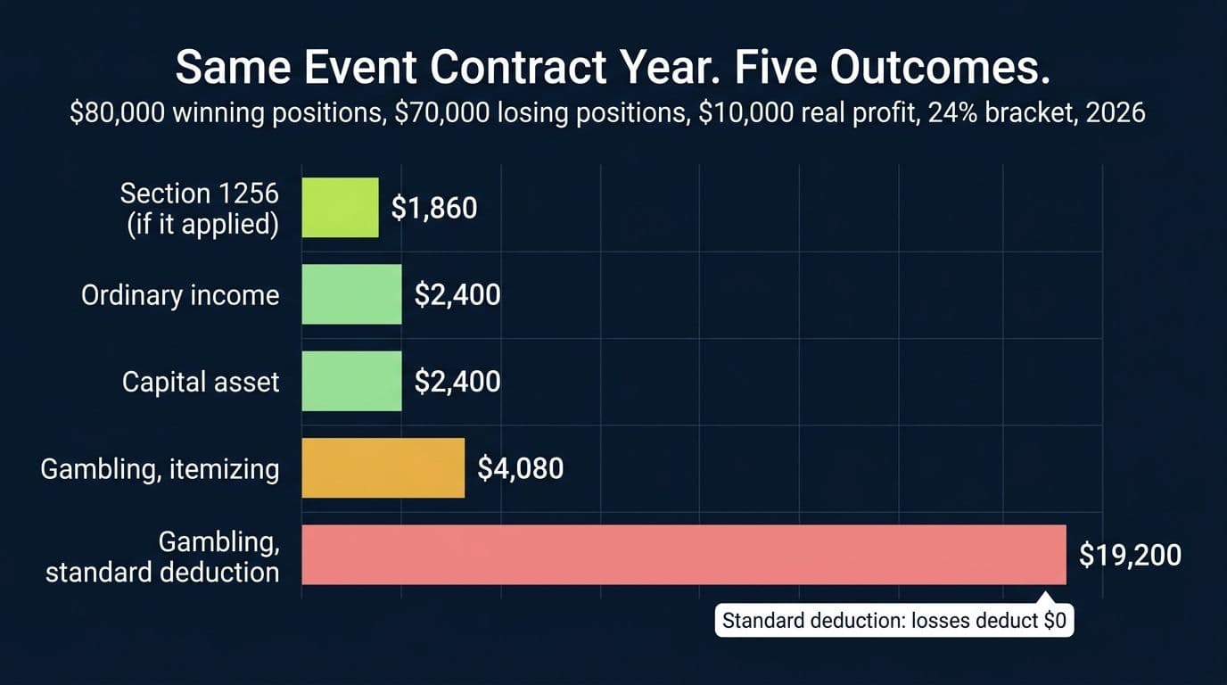 Bar chart comparing federal tax on the same event contract year under five characterizations, from $1,860 to $19,200