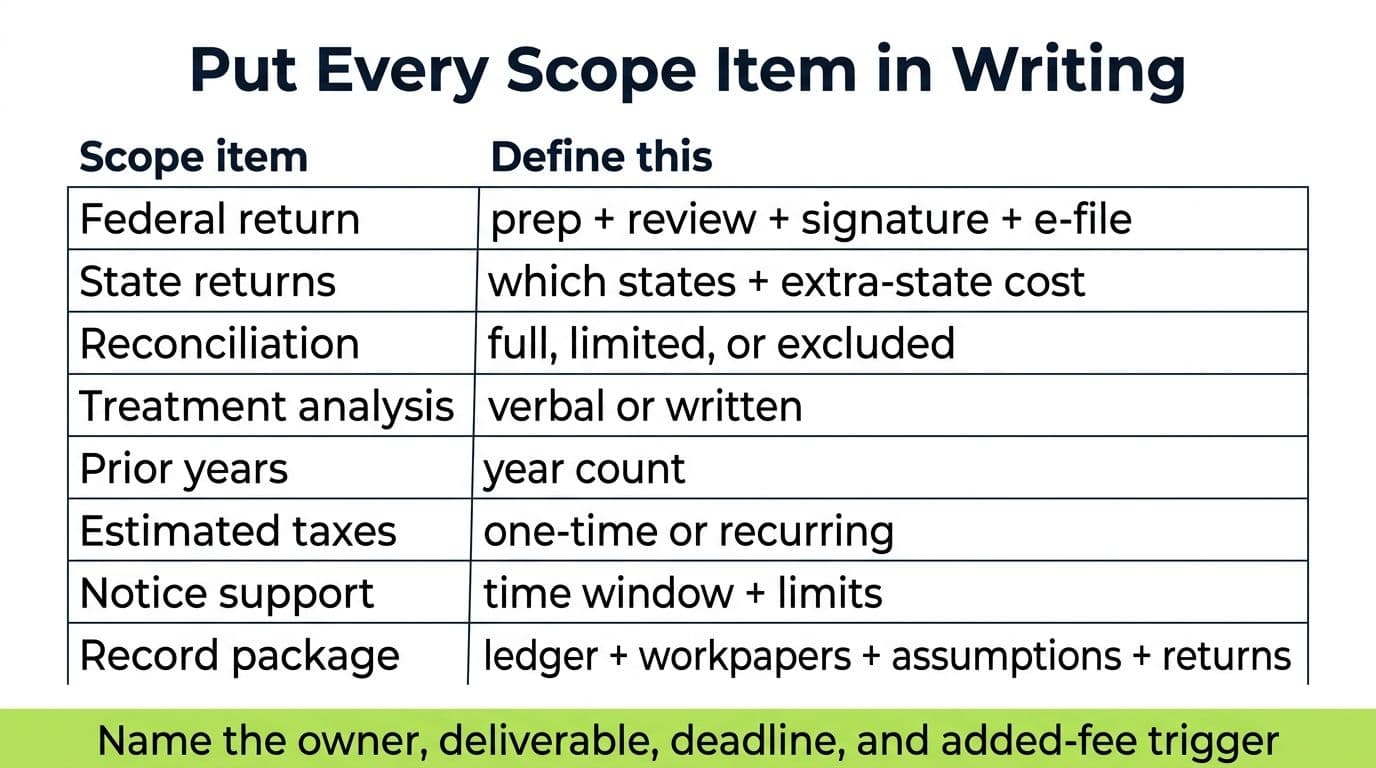Engagement-letter scope matrix covering federal and state returns, reconciliation, treatment analysis, prior years, estimates, notices, and records