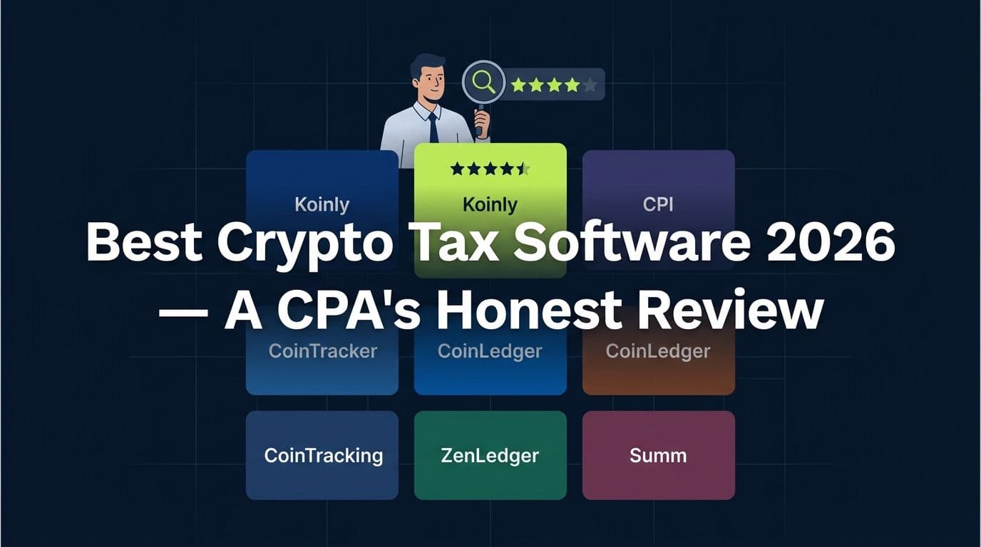 Best Crypto Tax Software 2026 hero image showing a CPA reviewing and rating 6 major crypto tax platforms