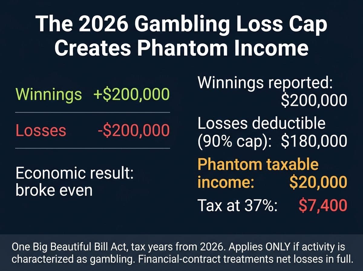 Worked example showing the OBBBA 90 percent gambling loss cap taxing $20,000 of phantom income on a break-even $200,000 year