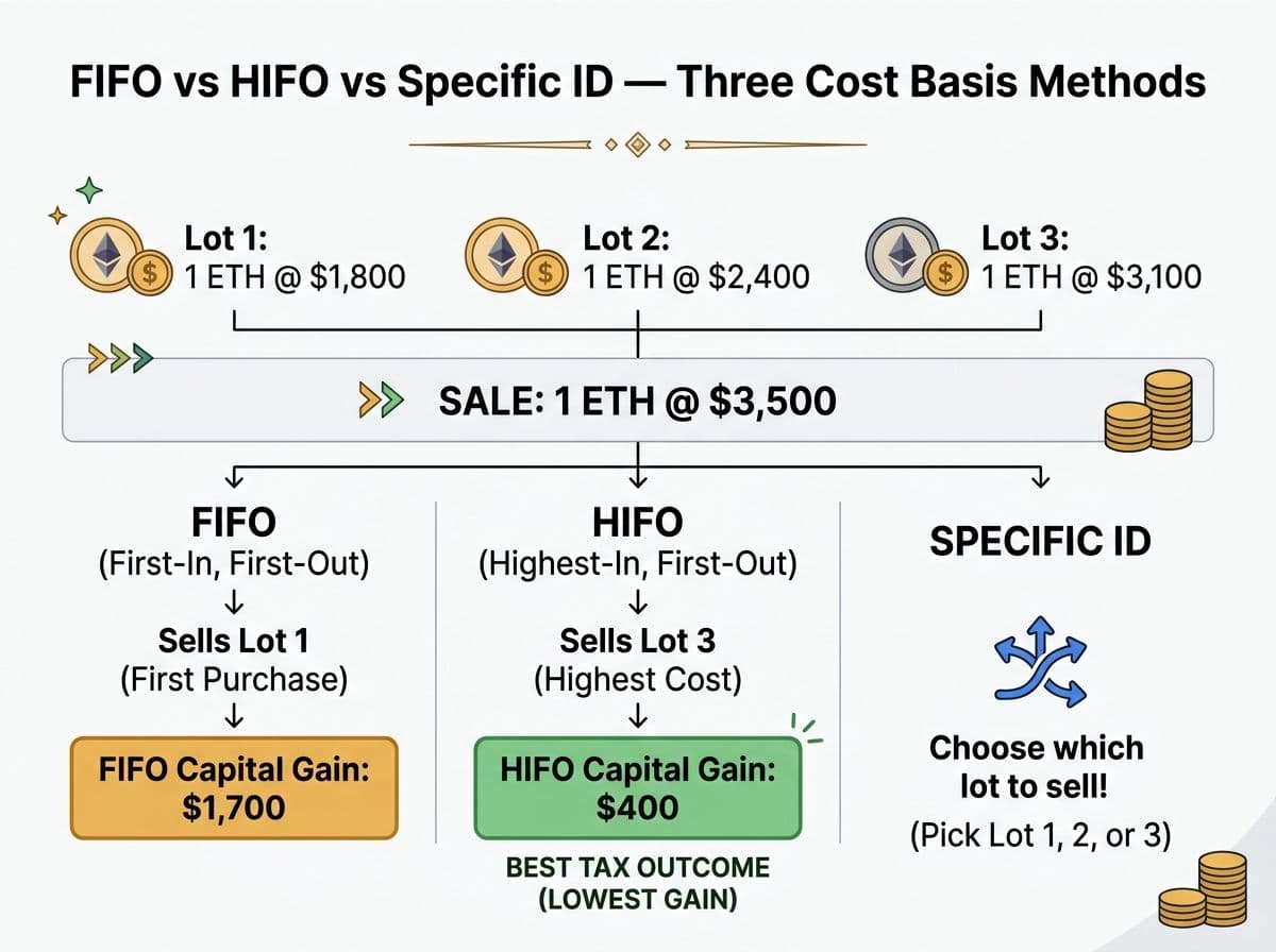 Comparison of FIFO vs HIFO vs Specific Identification cost basis methods showing different capital gains on the same ETH sale