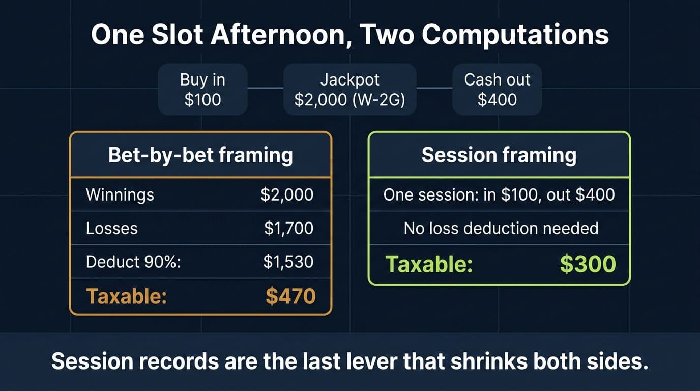 Comparison of bet-by-bet versus session accounting for one slot session, producing $470 versus $300 of taxable income under the 2026 rules