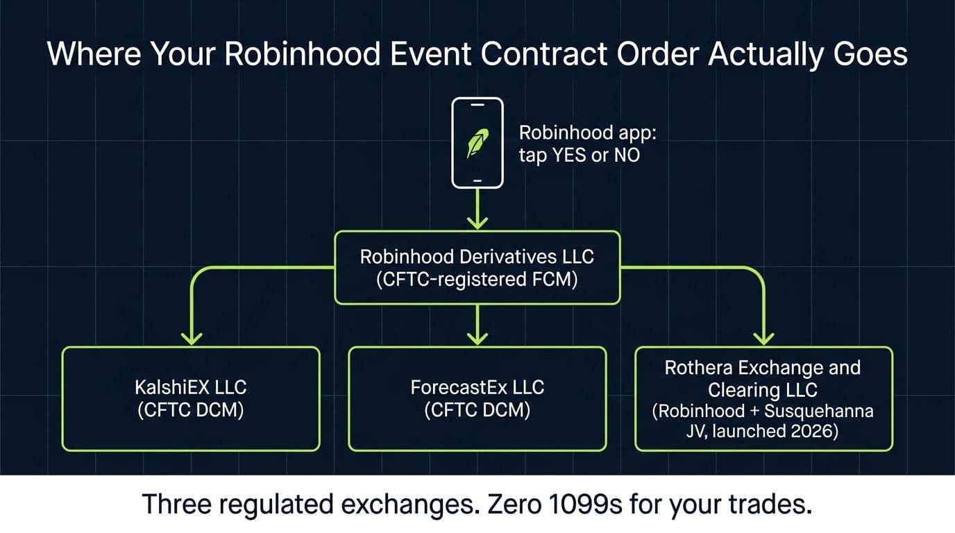 Flow diagram showing Robinhood event contract orders routing through Robinhood Derivatives to Kalshi, ForecastEx, and Rothera exchanges