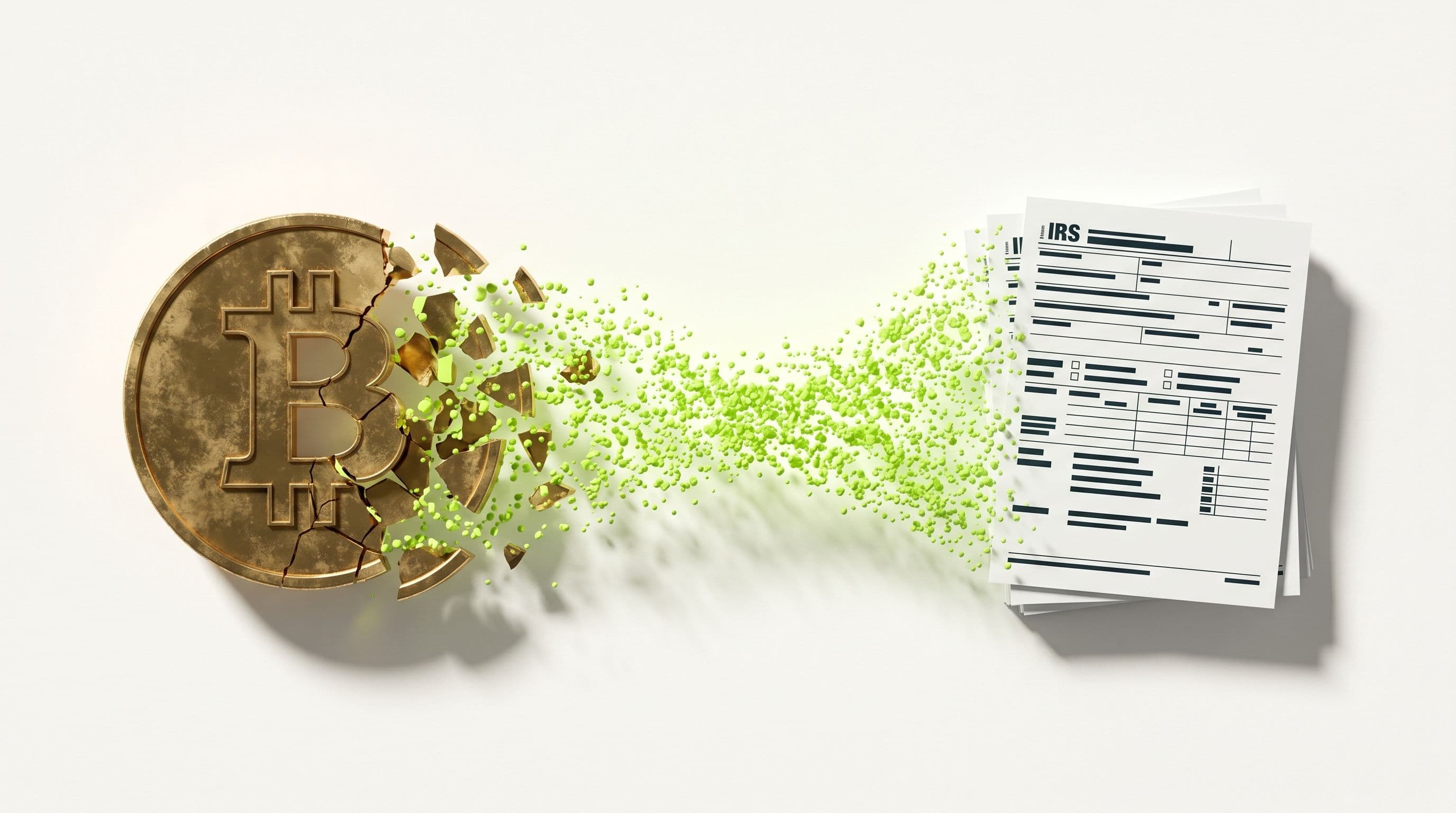 Editorial illustration: cracked golden Bitcoin coin shattering into lime-green particles that flow into a stack of IRS tax forms, symbolizing a crypto scam loss recovered as a §165(c)(2) deduction