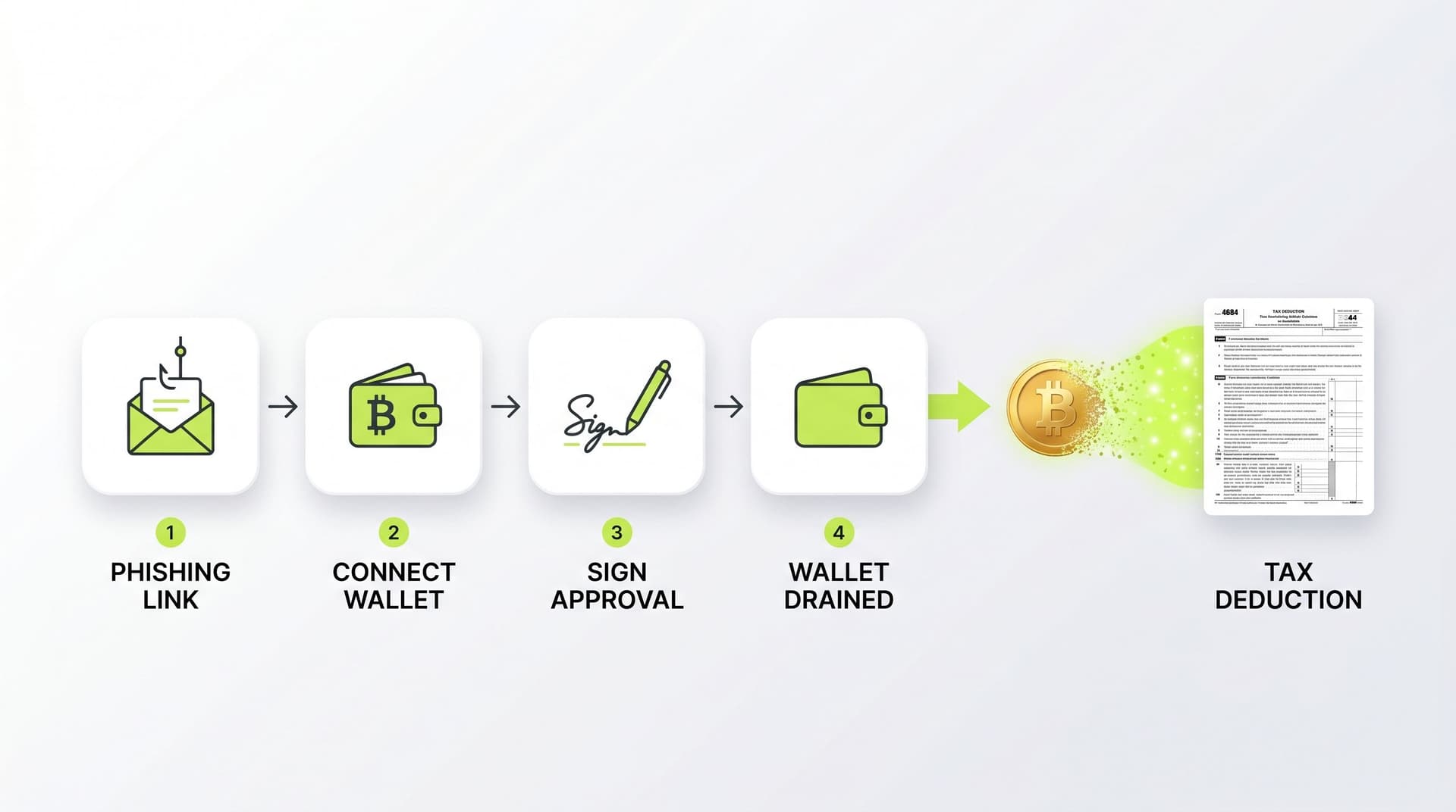 Infographic flow of a crypto phishing wallet-drainer attack: phishing link, connect wallet, sign malicious approval, wallet drained, leading to a deductible theft loss on IRS Form 4684