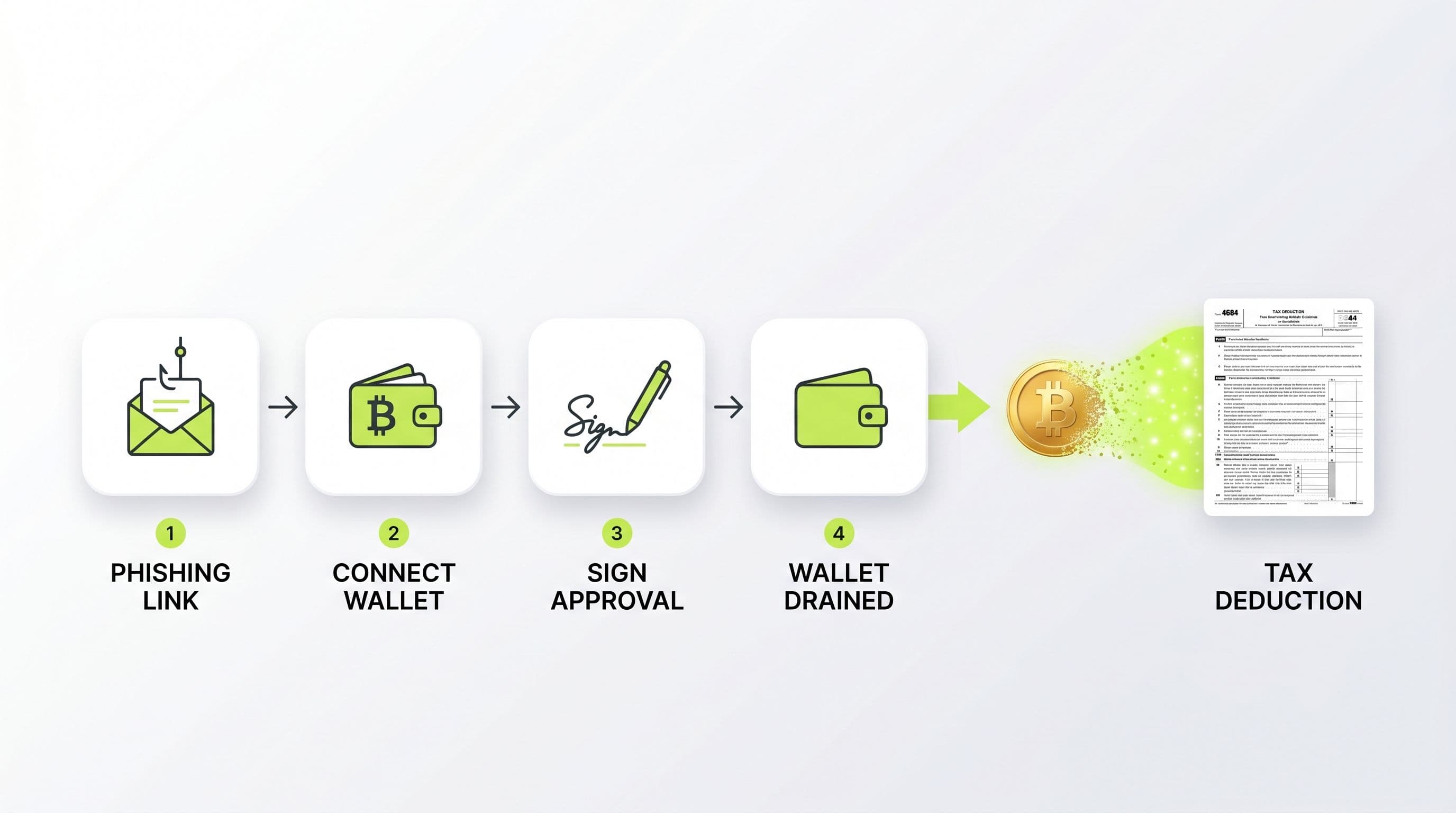 Infographic flow of a crypto phishing wallet-drainer attack: phishing link, connect wallet, sign malicious approval, wallet drained, leading to a deductible theft loss on IRS Form 4684