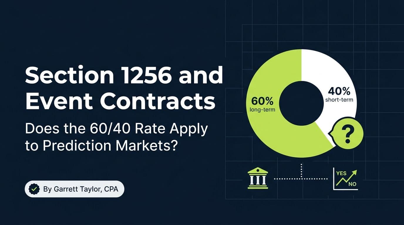 Section 1256 event contracts hero image showing a 60/40 split donut chart with a question mark over prediction market icons