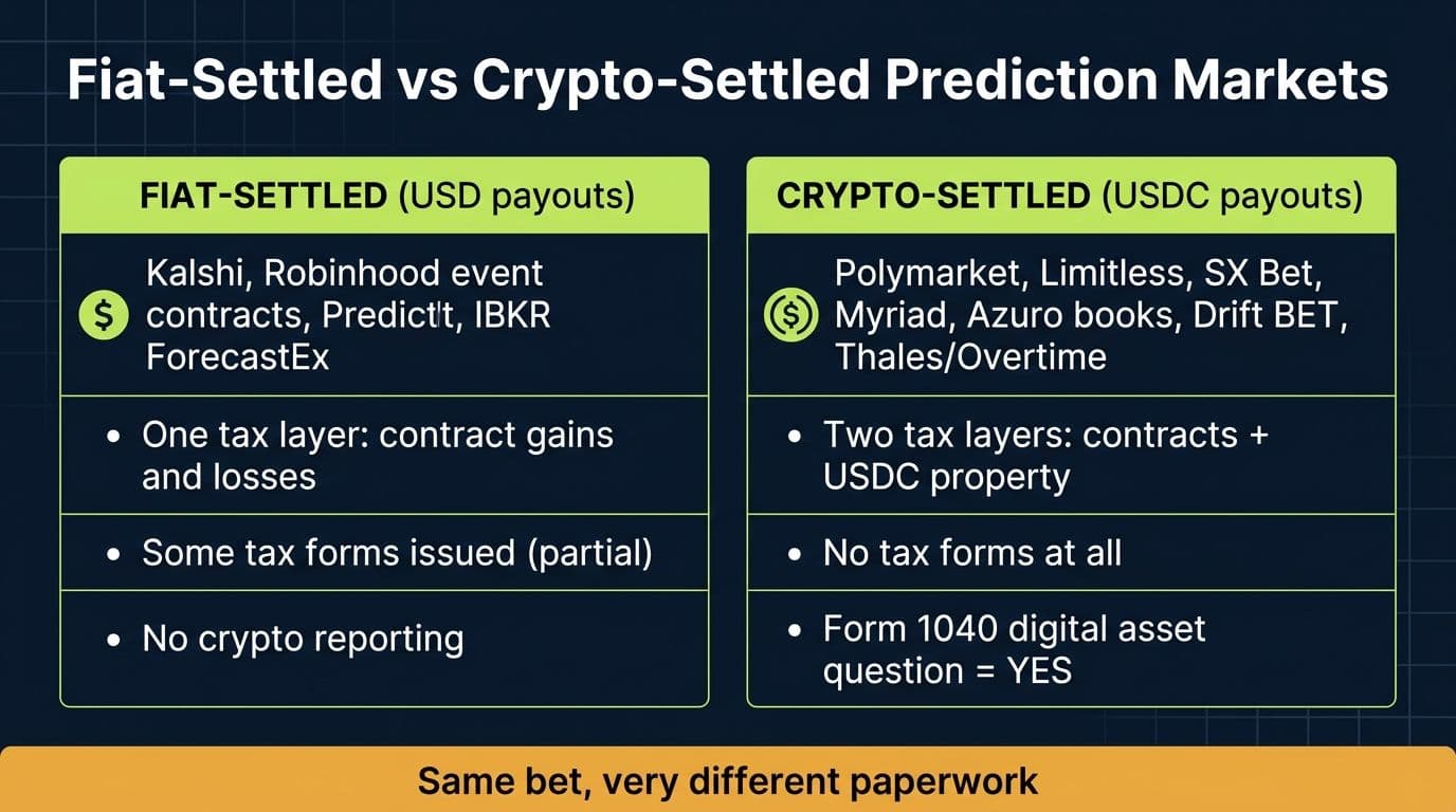 Comparison of fiat-settled prediction market platforms like Kalshi versus crypto-settled platforms like Polymarket and their tax consequences
