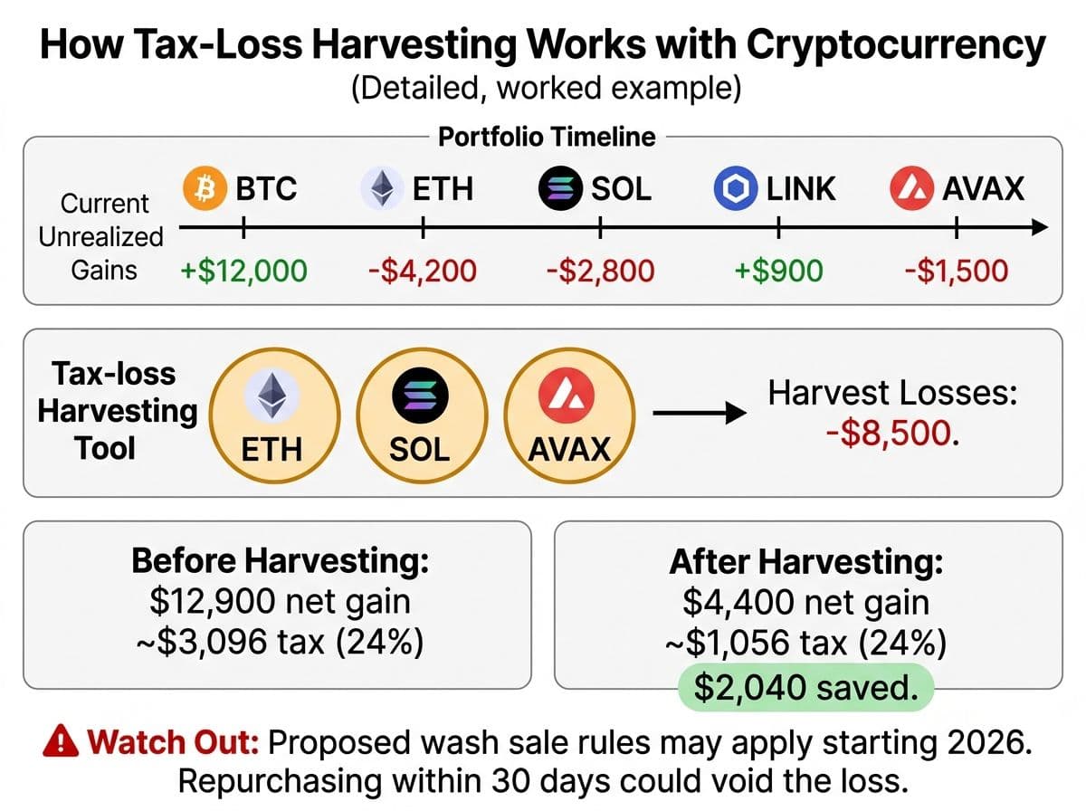 Tax-loss harvesting example showing how selling losing crypto positions reduces taxable gains, with wash sale warning