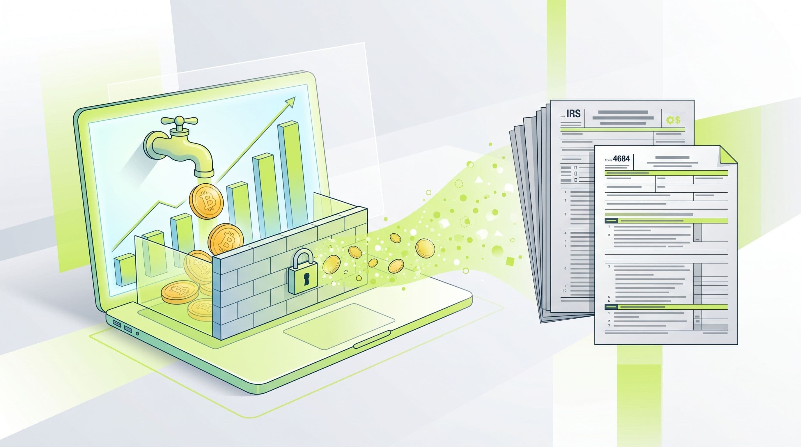 Editorial illustration: a fake crypto trading dashboard with a deceptive rising chart, golden Bitcoin coins locked behind a barrier and dissolving into lime-green particles that flow into IRS Form 4684, symbolizing a fake investment platform loss recovered as a §165(c)(2) deduction