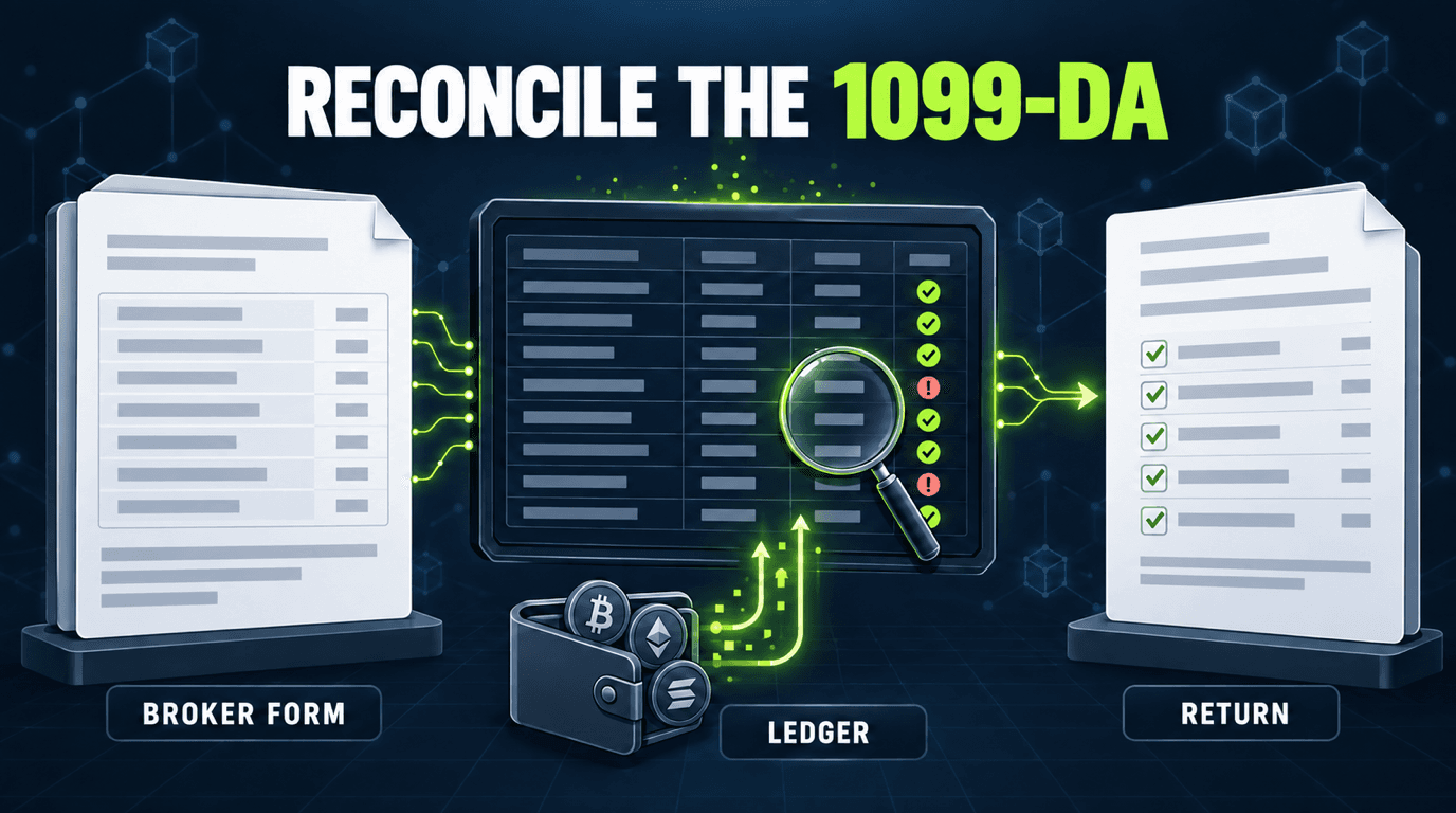 Form 1099-DA reconciled line by line against a complete crypto ledger before filing