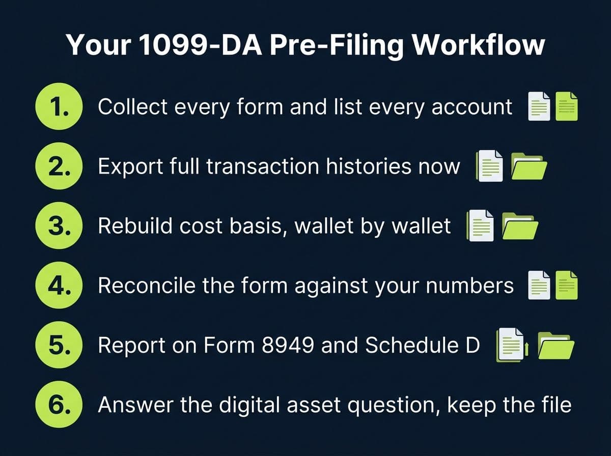 Six-step workflow checklist for handling a 1099-DA before filing a tax return